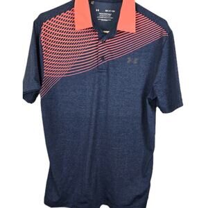 Under Armour Golf Shirt Mens SMALL Navy Blue Neon Orange Stripe The Playoff Polo